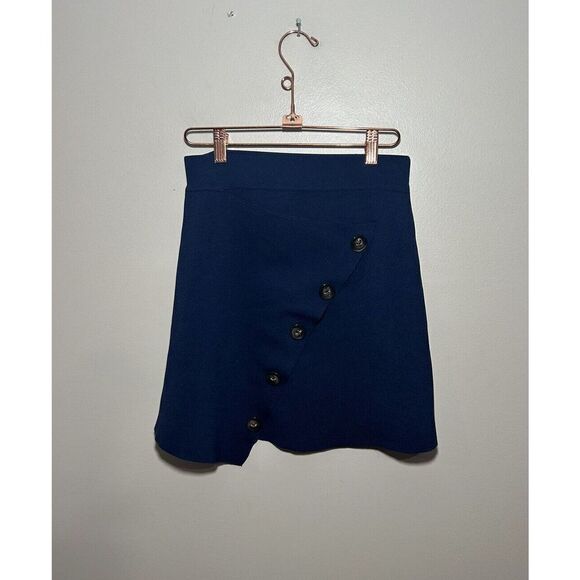 all:Row Asymmetric Wrap Skirt Women%E2%80%99s Small Stretch A-line Buttons Navy - Picture 2 of 8